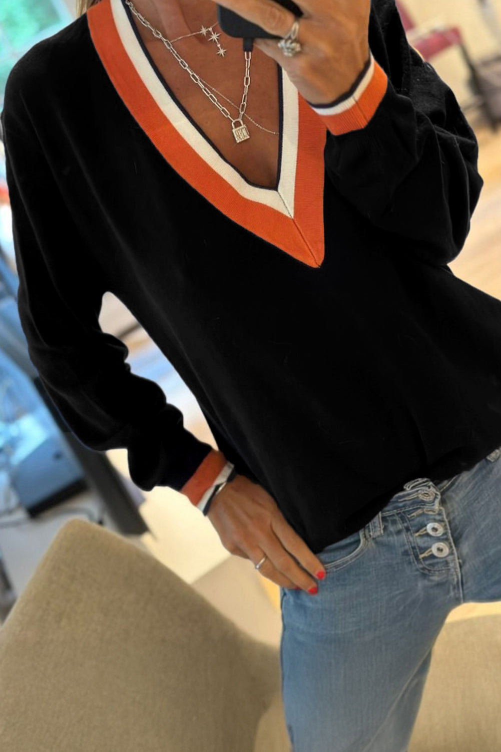 Dark Khaki Contrast Striped Trim V Neck Varsity Sweater