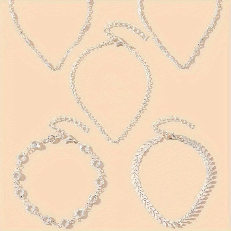 5-Piece Cubic Zirconia Minimalist Fashion Beach Party Anklets with Beautiful Accents, Stylish Vacation & Simple Design Foot Jewelry, Creative Gift for Women