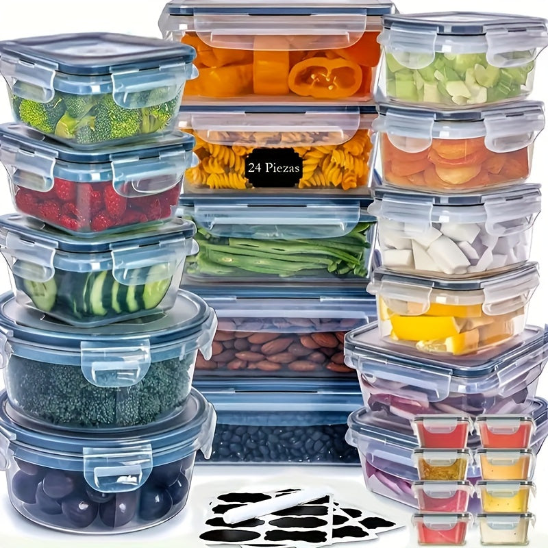 12/24pcs Transparent Kitchen Storage Container Set | Microwave Safe, Multipurpose Plastic Meal Prep Boxes with Flip-Top Lids + 24 Chalkboard Labels - Ideal for Vegetables, Fruits, Grains & More, Leak Proof