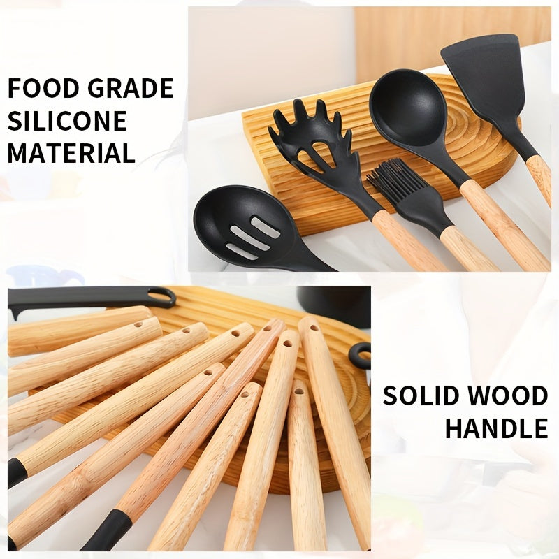 12/pcs, 37pcs, BPA FREE Silicone Cooking Utensils Set With Wooden Handle, Colorful Non-stick Pot Special Cooking Tools Set, Heat Resistant Turner, Tongs, Spatula, Spoon, Oil Brush And Whisk, Kitchen Supplies, Kitchen Supplies