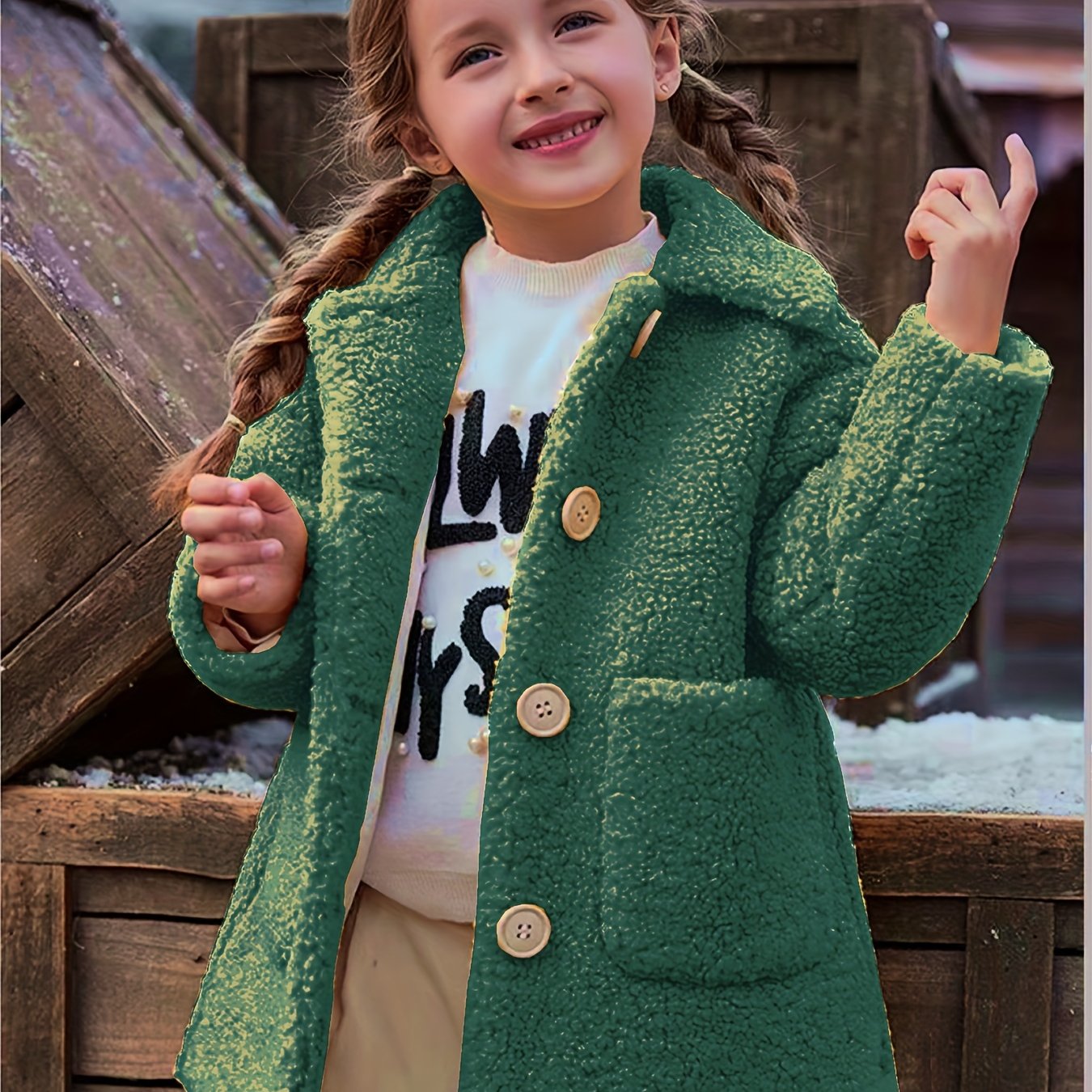 Girls' Lamb Fur Jacket | JOMAKE Korean-Style Lapel Collar, Two-Tone, Warm Windbreaker with Pockets, Lining, Button Closure, Long Sleeves for Winter