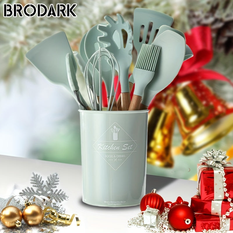 12pcs/set, Brodark, Silicone Cooking Utensils Set With Wooden Handle, Colorful Non-stick Pot Special Cooking Tools Set, Heat Resistant Turner, Tongs, Spatula, Spoon, Oil Brush And Whisk, Kitchen Supplies, Suitable For Restaur