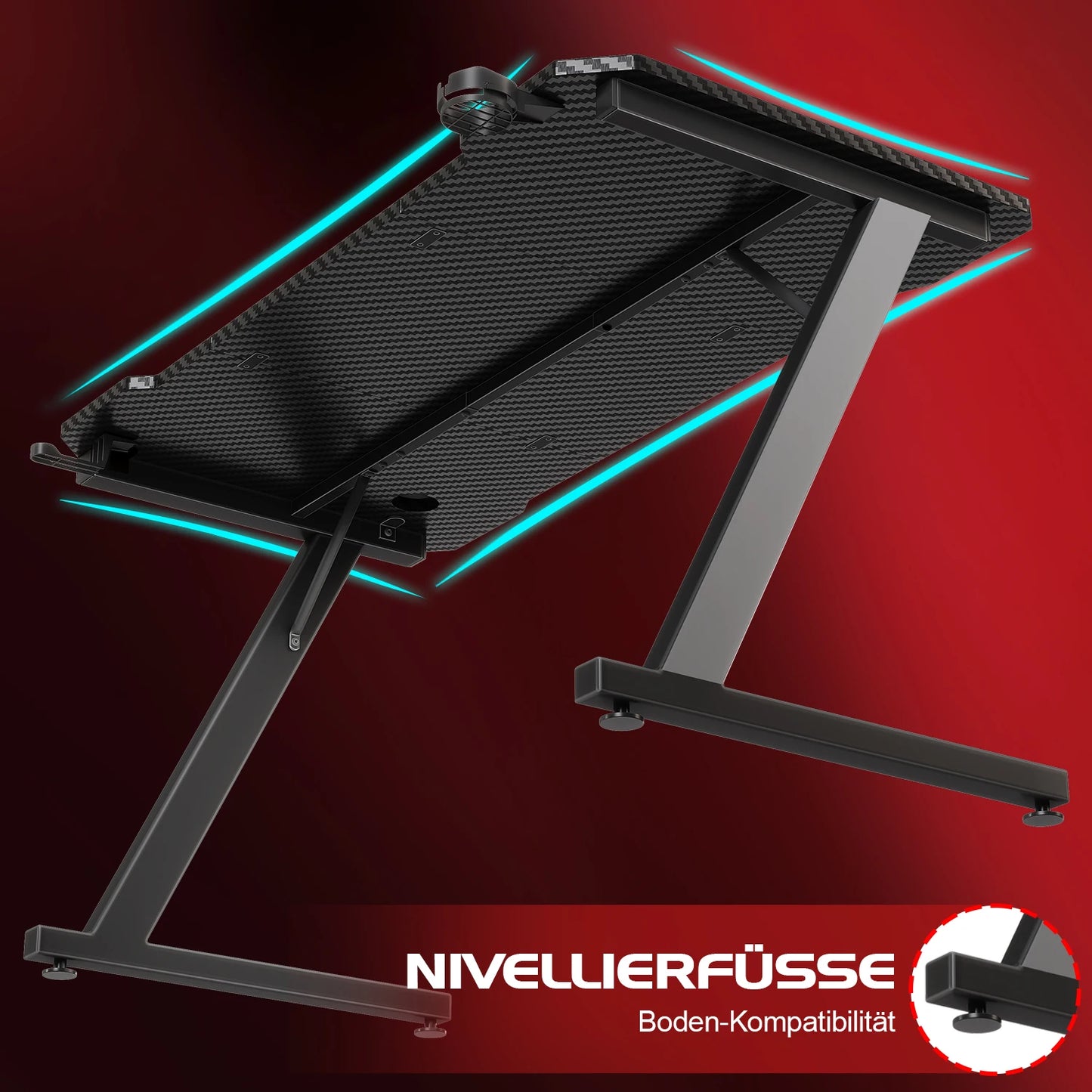 Devoko Gaming Table 120x60 cm Gaming desk PC table with headphones hook and carbon fiber coating