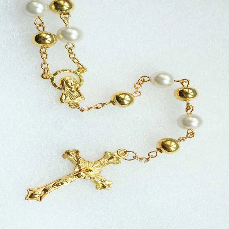 4mm Gold Crystal Pearl Necklace, Rosary Necklace and Gold Plated Cross Necklace Ladies Pearl Necklace