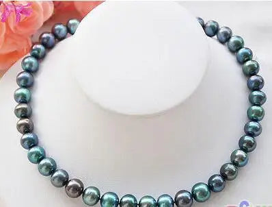 fine jewelry 17" 9-10mm natural round peacock black freshwater pearls necklace
