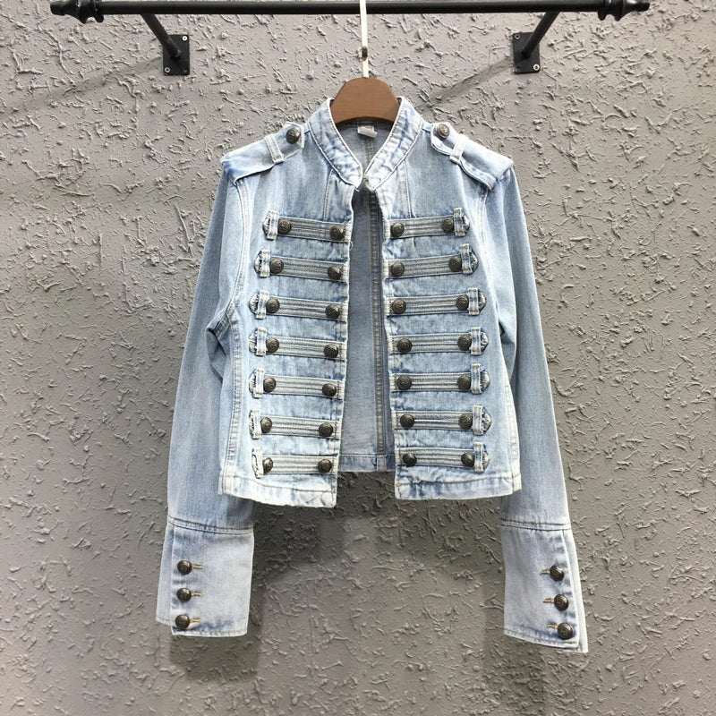 Retro military style handsome stand collar denim jackets female double-breasted old wild slim short denim jackets outerwear F368