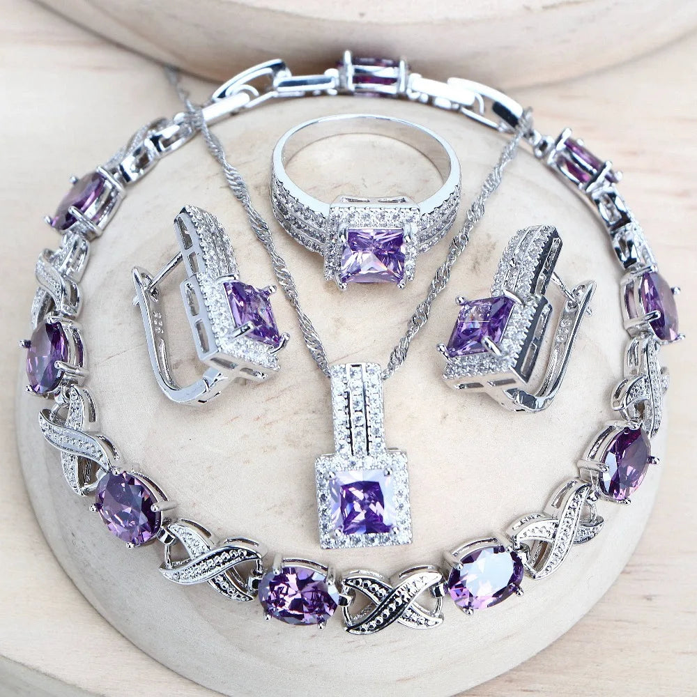 Women 925 Silver Bridal Fine Jewelry Sets Costume Ladies Wedding Jewellery Pendant Necklace Set Stones Earrings Rings Bracelets