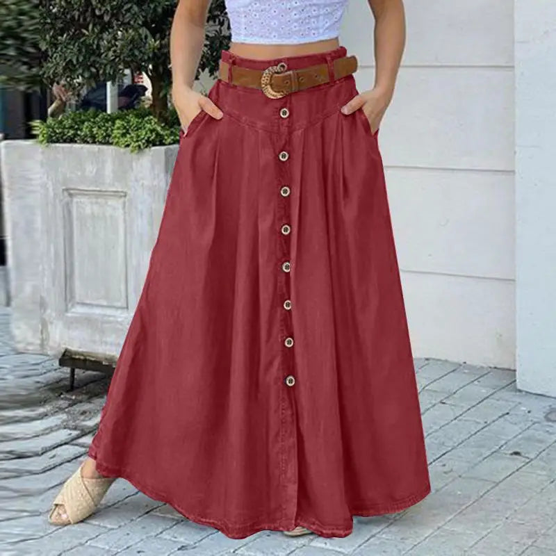 Stylish Women's Skirts Spring High Wasit Solid Long Skirt ZANZEA Casual Buttons Down Faldas Saia Elegant Party Skirts Jupe 7