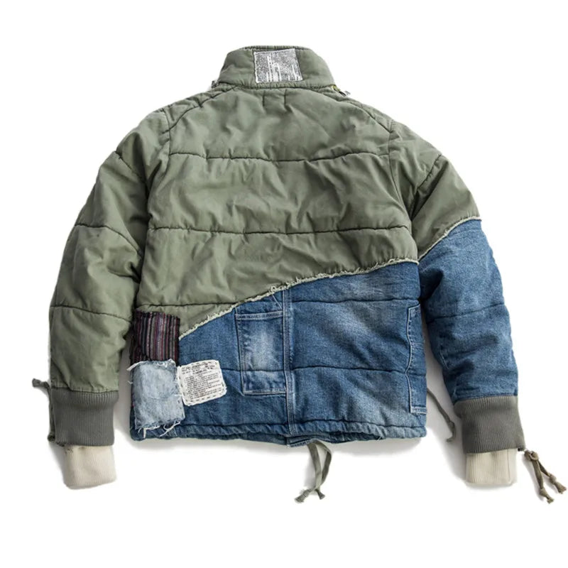 Winter Men's Streetwear Hole Patchwork Denim Jacket Thick Down Cotton Jean Coat for Male