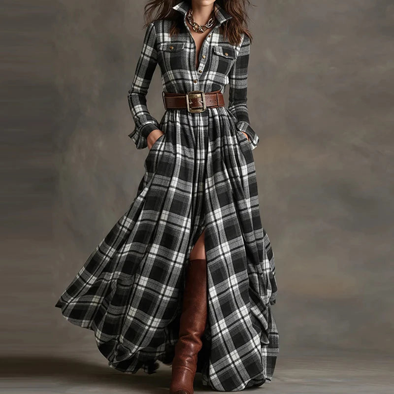 New Women's Lapel Plaid Printing Slim Fit Dress Autumn Long Sleeve Fashion Chic Party Dress with Buttons Elegant Ladies Dresses