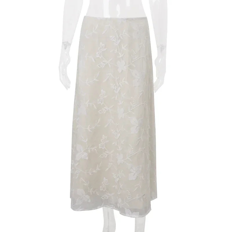 Elegant French A-Line Mesh Fashion Long Skirts Vintage High Waist Casual Spring Summer Evening Party New Maxi Skirt