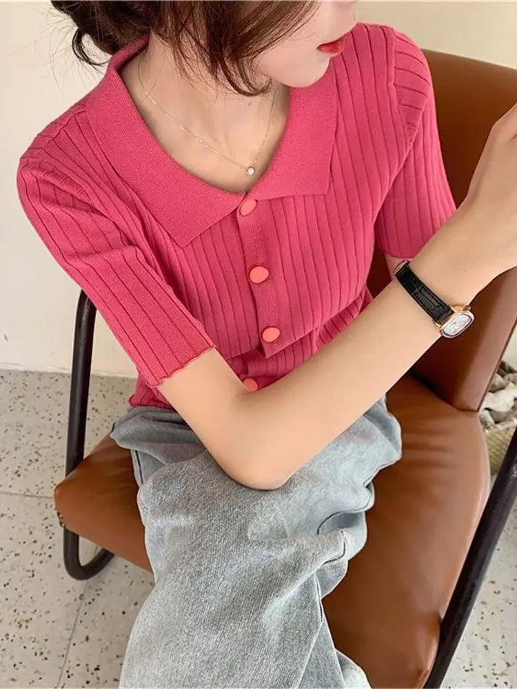 Cardigan Women Solid Short Sleeve Knitted Turn-down Collar Summer Casual All-match Tops Slim Button Up Students Korean Style