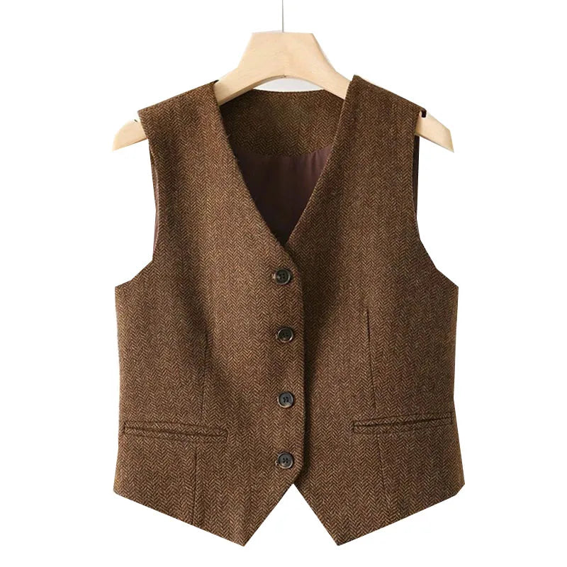 New 2025 Spring Autumn V-neck Casual Woolen Vest Women Fashion British Style Sleeveless Waistcoat Female Top Ladies Outwear