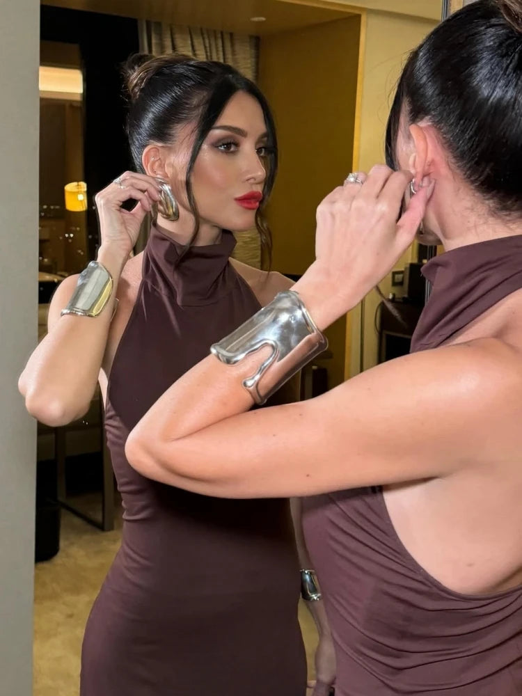 Sexy Halter Neck Backless Slim Maxi Dress Women Browns Sleeveless Halter Neck Bodycon Long Dresses Elegant Evening Party Gowns