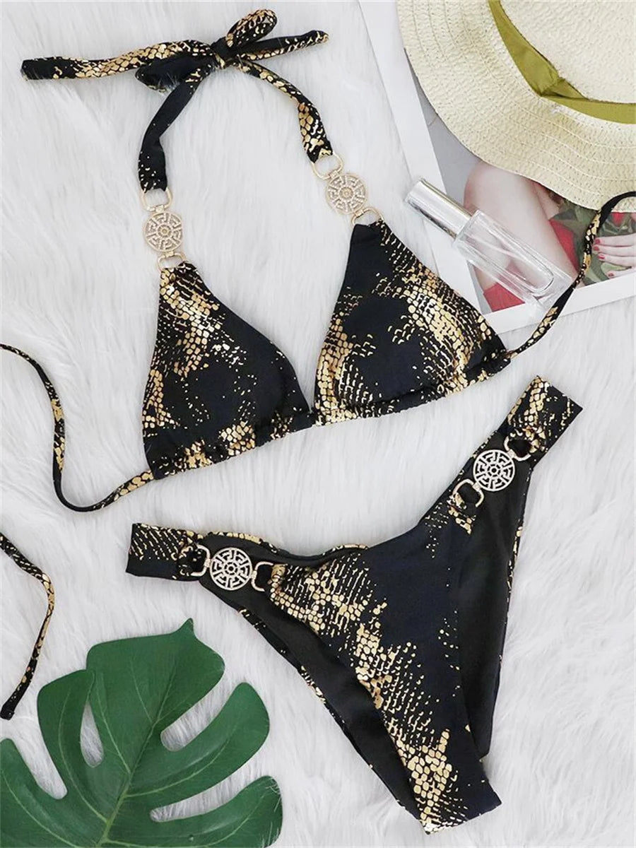 Bikinis Women White Snake Skin Print Rhinestone Micro Swimsuit 2025 Luxury Brazilian Push Up Beach Bathing Suit Thong Swimwear