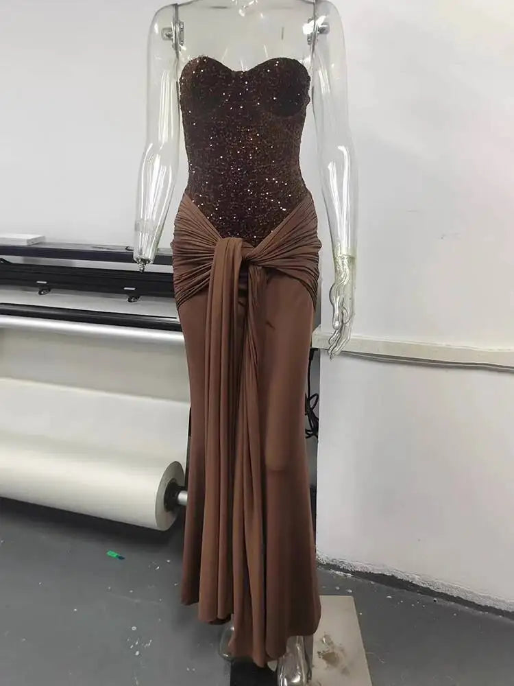Mozision Sparkle Off-shoulder Sexy Maxi Dress Women Elegant Glitter Strapless Backless Sleeveless Draped Ruched Club Party Dress