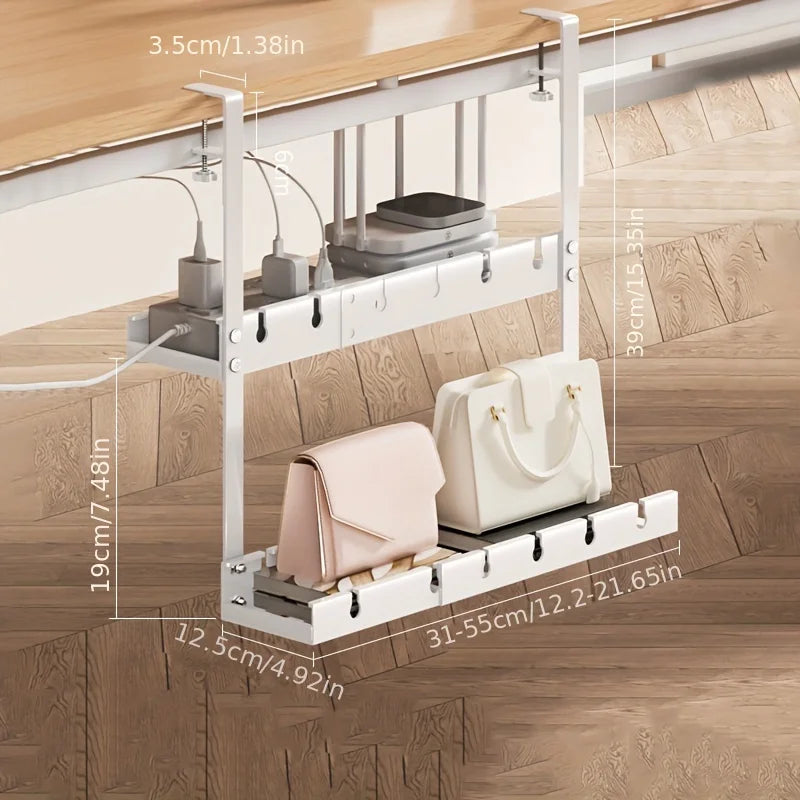 Double Layer Cable Management Tray Under Desk No Drilling Cable Management Tray for Desk Adjustable