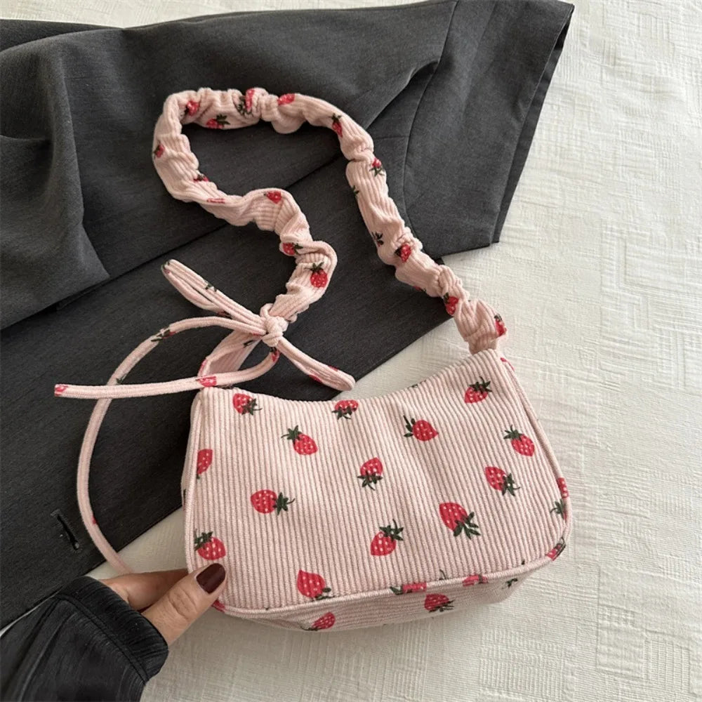 New Large Capacity Corduroy Tote Bag Women Girl Y2k Strawberry Shoulder Bag Sweet Trendy Zipper Underarm Bag Crossbody Bag