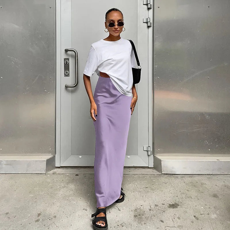 Elegant Satin Black Trumpet Skirts Fashion Slim High Waist Skirts Women Female 2024 Solid Office Long Skirt Spring Summer