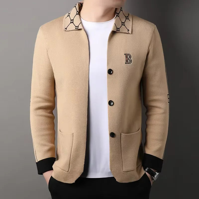 High end brand long sleeved men's lapel knitted cardigan autumn winter fashion B letter embroidery design casual sweater coat