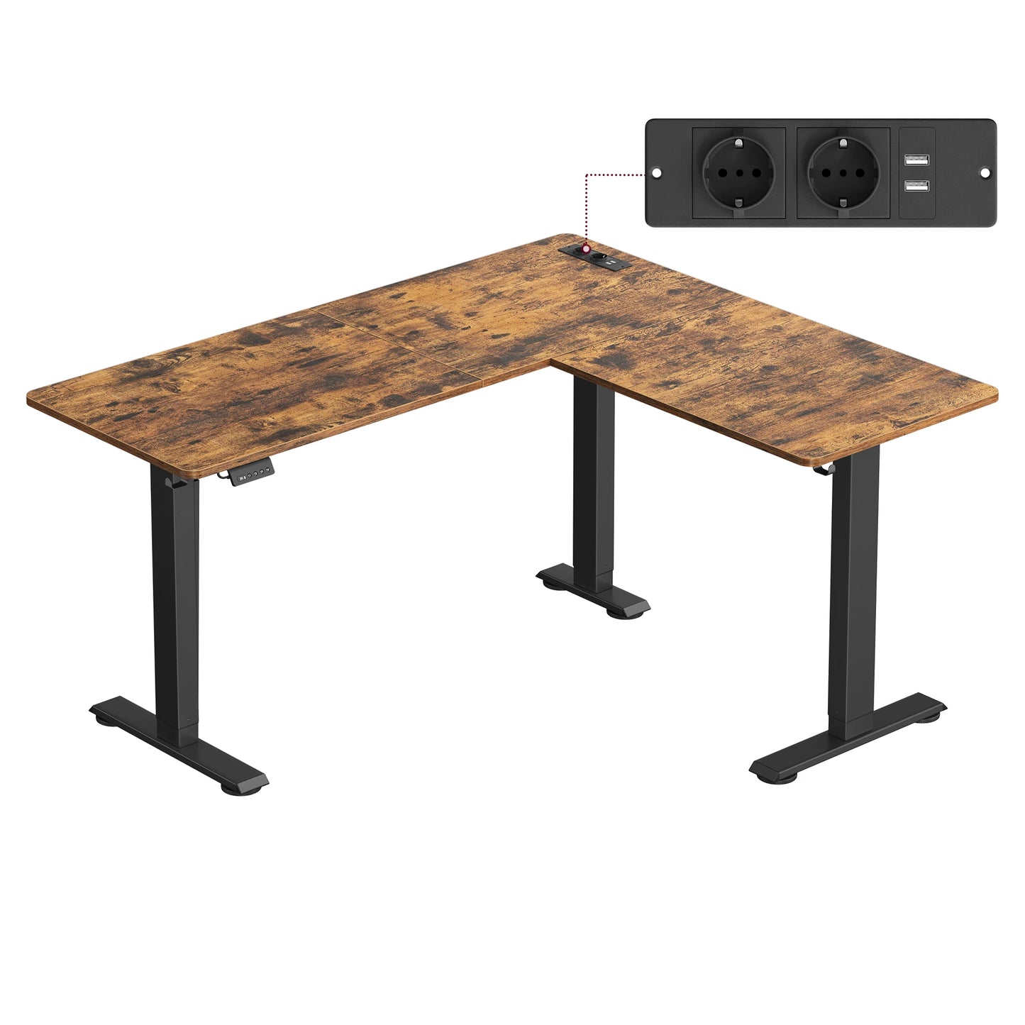 Electric Height Adjustable Desk, 140 x 160 cm, with Power Strip, 2 Height Memory Function, Cloud White/Rustic Brown