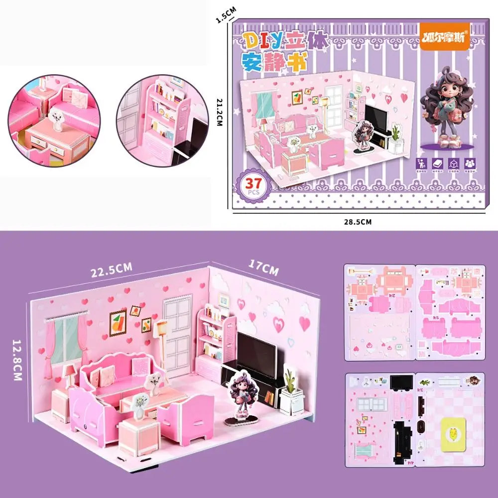 Bedroom DIY Puzzle Dollhouse Room Kitchen Bathroom Pretend Play Paper Doll House Living Room Cardboard 3D Paper Puzzle Room