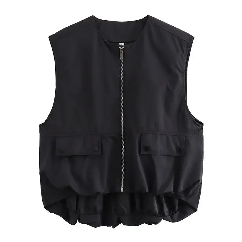 Women Fashion With Pockets Pleated Front Zipper Vest Sleeveless Jackets Vintage O-Neck Waistcoat Female Chic Tank Tops