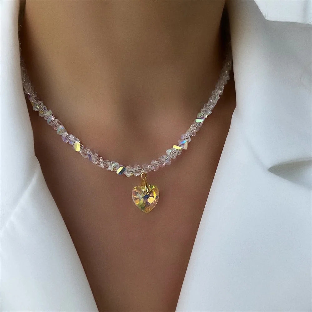Fashion Vintage Tassels Zircon Heart Pendant Necklace For Women Female Boho Geometric Baroque Transparent Crystal Chain Jewelry