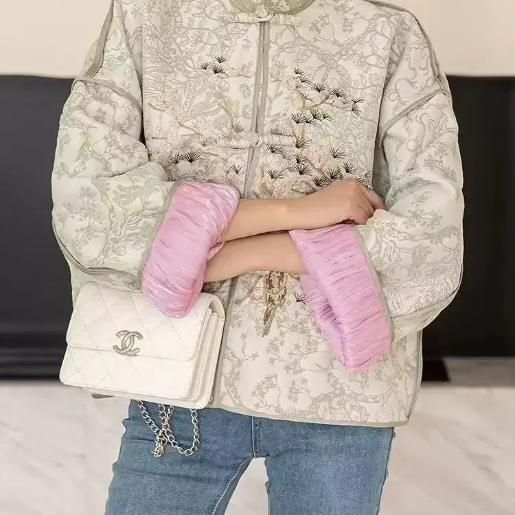 High Quality Jacquard Embroidery Short Jacket Women Loose Vintage Korean Long Sleeve Tangsuit Cheongsam Coats Chinese Style Tops