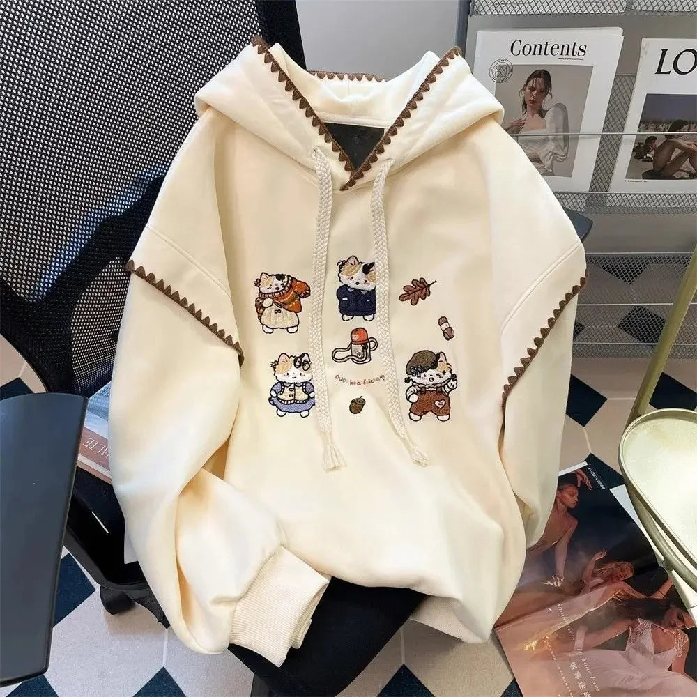 Design Sensation Small Audience Cartoon Cat Embroidery Sweatshirt Women Early Autumn Sweet Milk Cute Small Size Hooded Jacket To