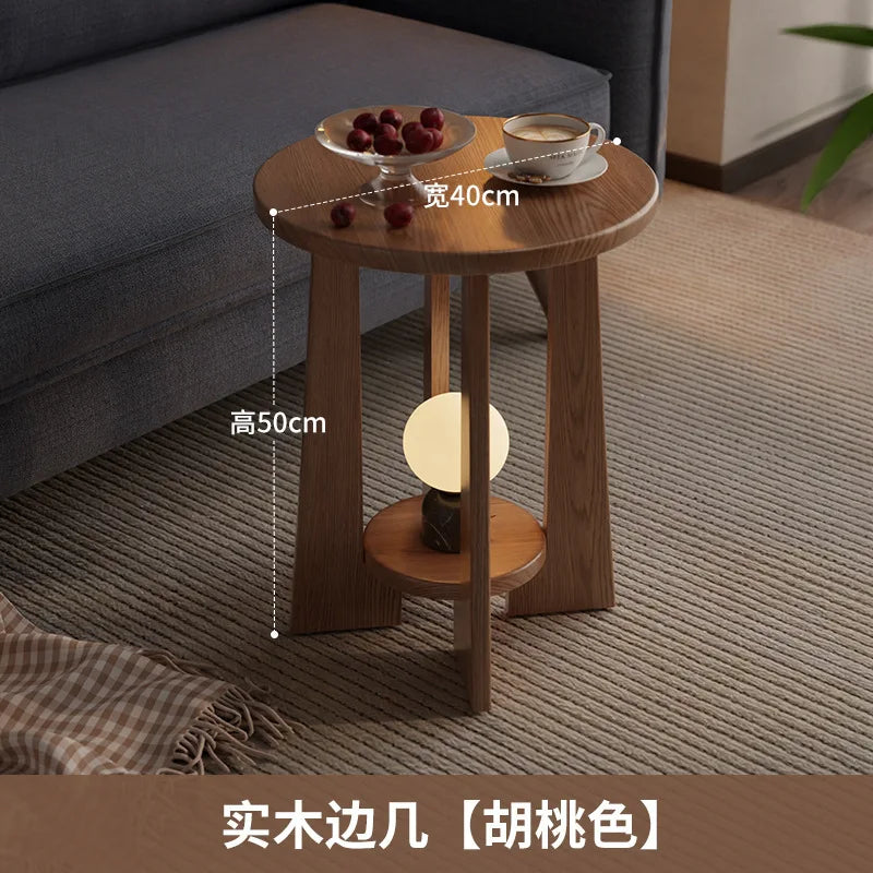 Vintage-style Coffee Table Small Apartments Modern Minimalist Double-layer Round Table Solid Wood Side Tables Living Room Sofa