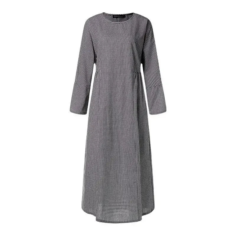 2025 Vintage Plaid Maxi Dress Women's New Cotton Linen Sundress Casual O-neck Long Sleeve Vestidos Females Check Long Skirt Robe