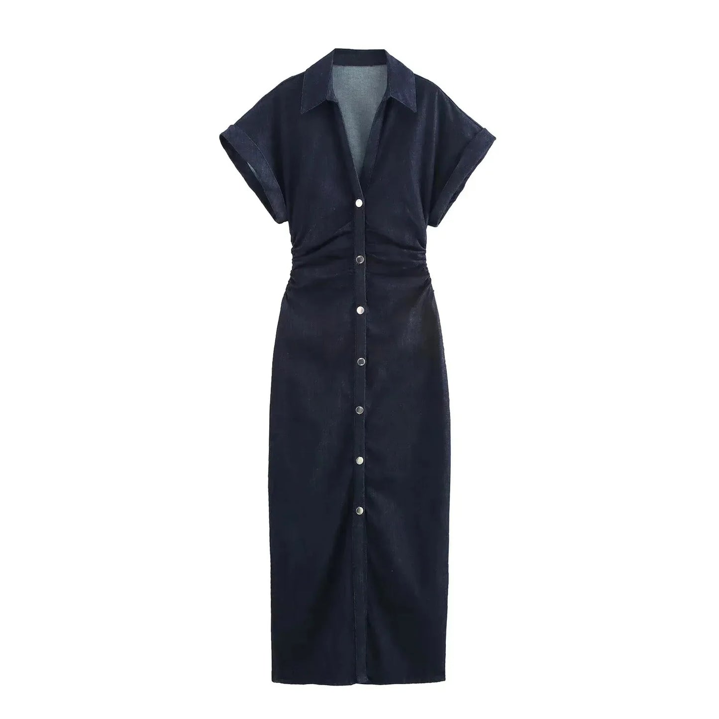 Denim Dress Women's Spring Summer Casual Long Dresses For Women 2026 New Fashion Ruched Short Sleeve Streetwear Midi Dress
