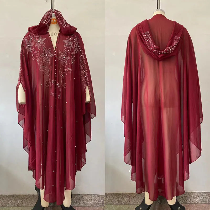 Middle East African Dresses for Woman Luxury Diamond Bead Muslim Long Robe Veiled Women Wearing Hooded Cloak Bat Sleeve Dress