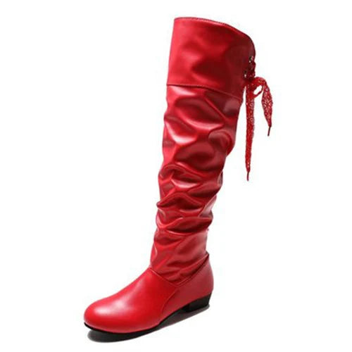 Shoes For Women Knee High Boots Red Black White Tall Boots Woman Pleated Low Heel Casual Leather Female Long Shoes