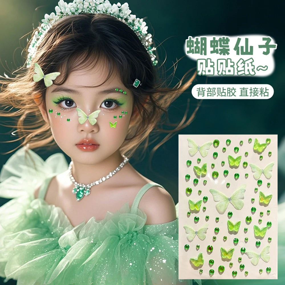 1/3/5 Sheets Kawaii Children's Butterfly Face Stickers Self-adhesive Pink/Green Elf Rhinestone Resin Butterfly Decals For Makeup