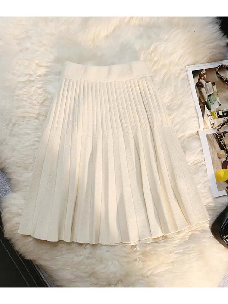 Autumn Winter Knitted Pleated Skirts Women's Elastic High Waist A-Line Umbrella Skirts Casual Sexy Slim Short Mini Skirts