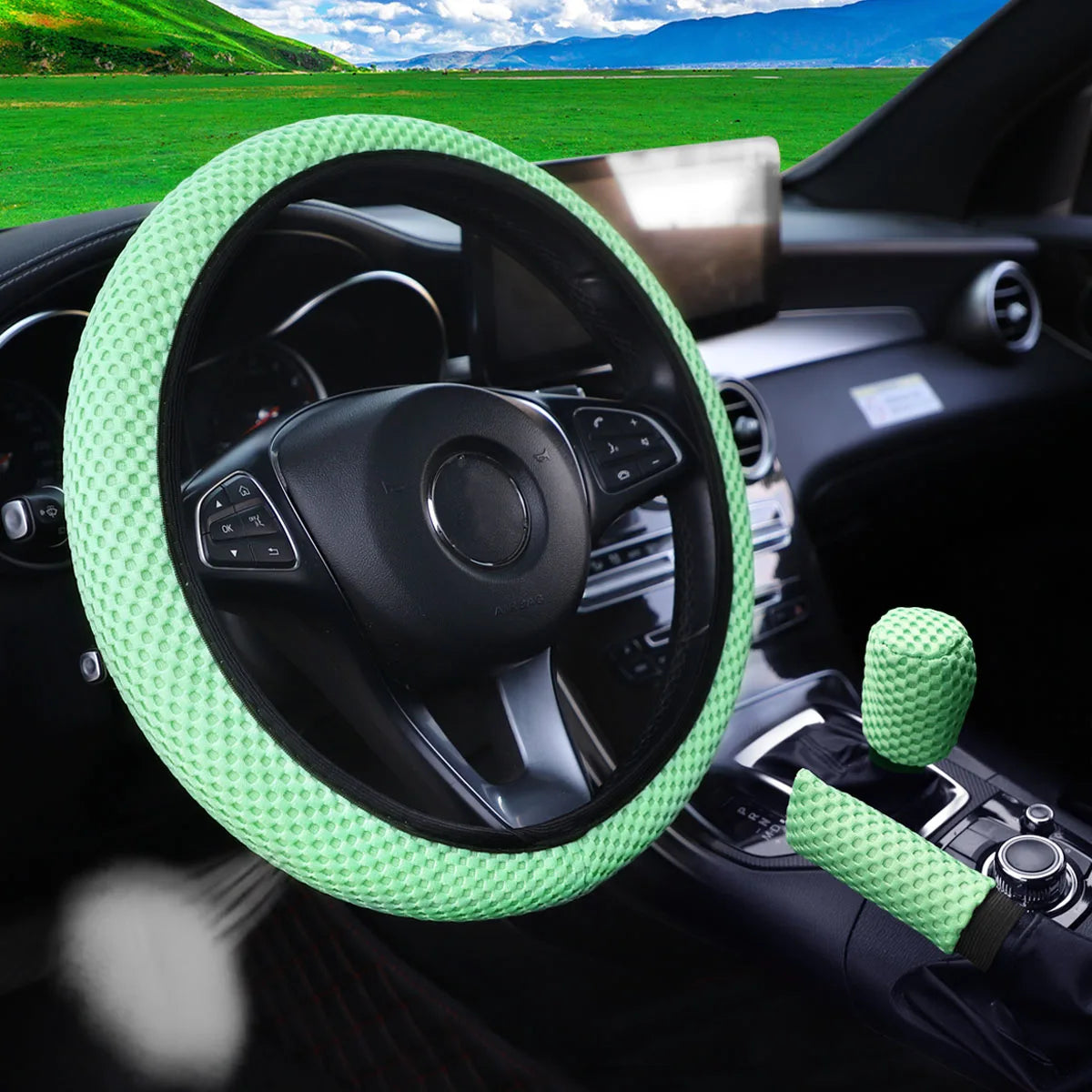Three-piece three-dimensional breathable massage net car non-slip steering wheel cover, handbrake cover, gearshift cover