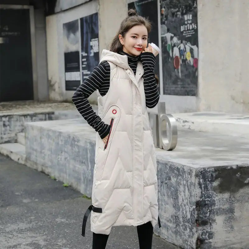 2025 Oversized Cotton Vests Sleeveless Coat Women Autumn Winter Hooded Waistcoat Puffer Parkas Long Warm Down Cotton Outwear