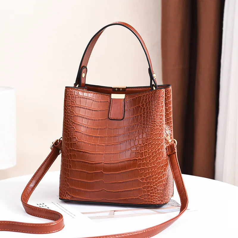 Vintage Stone Leather Handbag Shoulder Crossbody Bags Fashion Female Bucket Bag Large Capacity Women Tote Bag