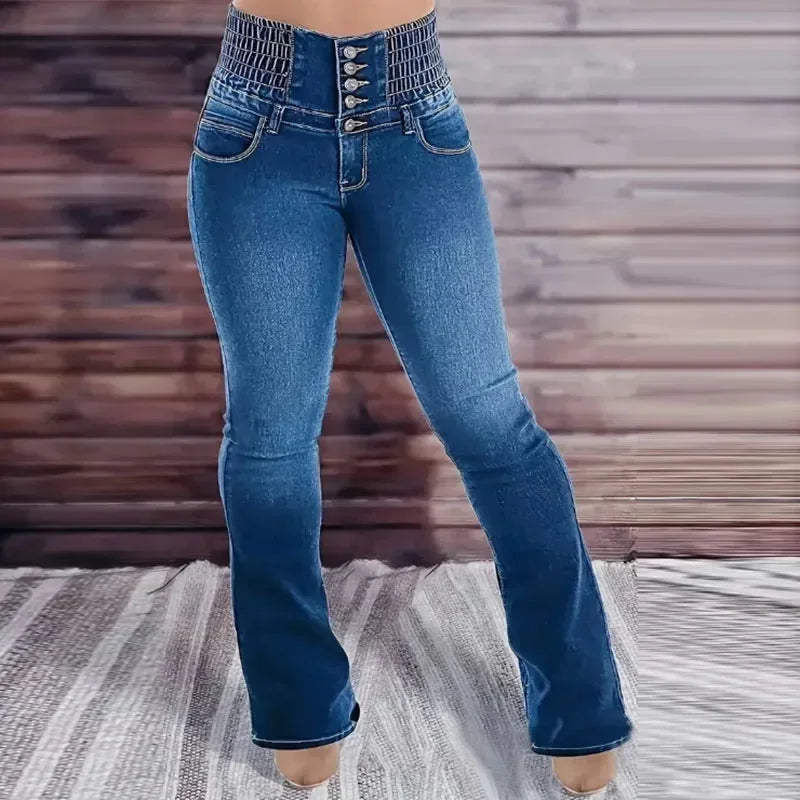 Spring High Waist Elastic Waist Denim Jeans Women's Long Flare Pants Breathable Butt-Lifted plus Size Basic Trousers