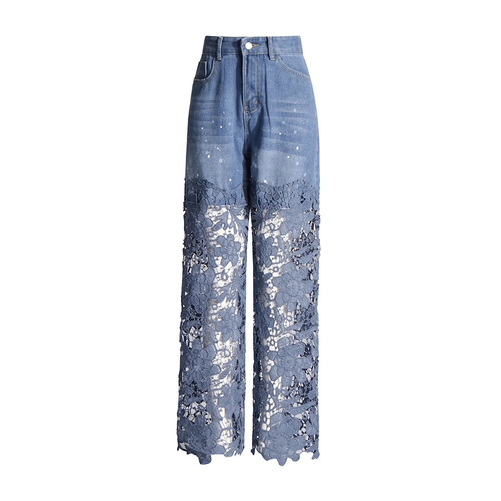 TWOTWINSTYLE Hollow Out Spliced Diamonds Loose Denim Pant For Women High Waist Patchwork Lace Casual Jeans Female Fashion Style
