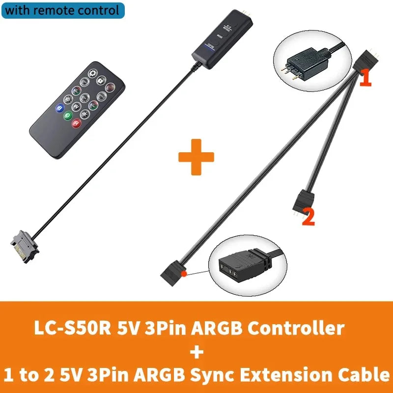 TEUCER LC-S60 ARGB Controller Cable 5V 3PIN to SATA Interface Extension Controller with Remote Control for PC Cooling Fan