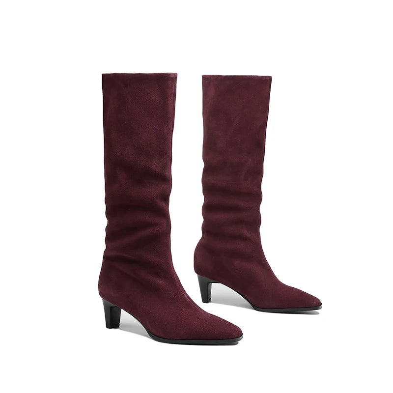 2025 New Trend Cow Suede Women Autumn Winter Slip-On Boots Chocolate Burgundy High Chunky Heels Square Toe Lady Knee High Boots