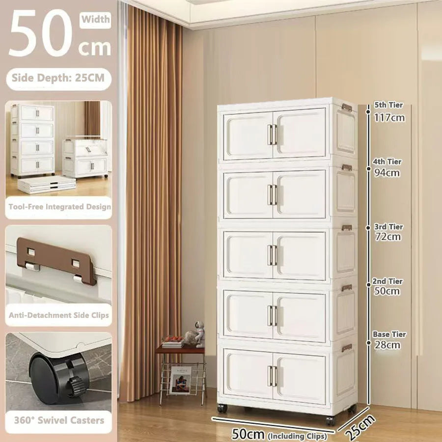 Folding Storage Cabinet with Drawers Home Organization Kitchen Bathroom Bedroom Multi-Functional Compact Closet Space Saver