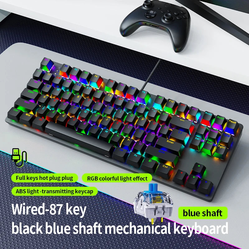 Gaming Mechanical Keyboard AK87 Hot Swappable RGB Backlit, USB Wired Full Size Anti-Ghosting Keyboard with Red/Blue Switch for
