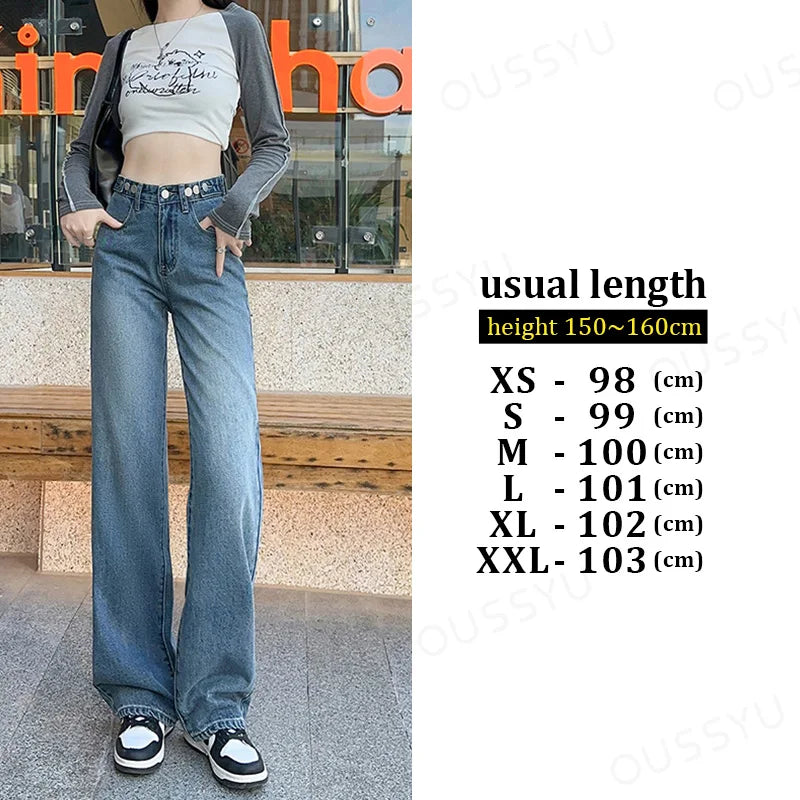 OUSSYU Women Jeans High Waist Wide Leg Loose Straight Adjustable Waist Denim Pants Vintage Quality Fashion Korea Trousers