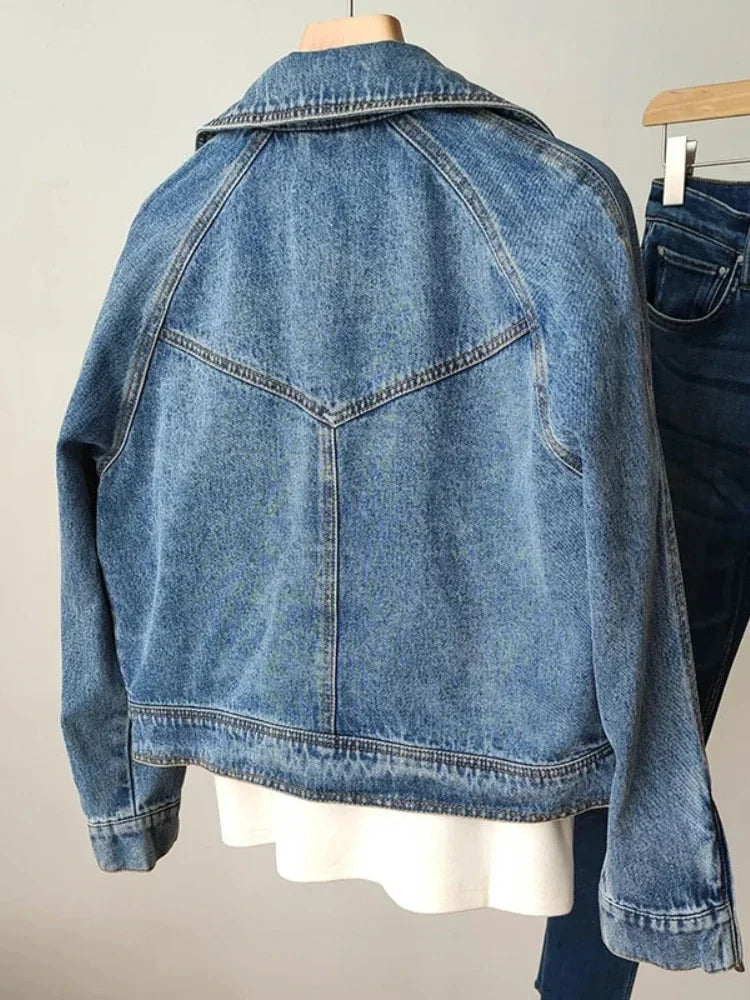 Spring Autumn Women Denim Jacket Casual Lady Moto Biker Coat Vintage Lapel Zipper Jacket