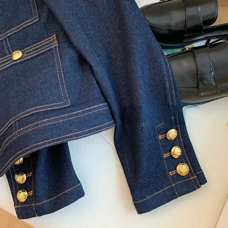 Women's Vintage Denim Jacket Spring Button-Up Korean Fashion Blue Chic Bomber Outwear Top 2025 Style Casual Ropa De Mujer