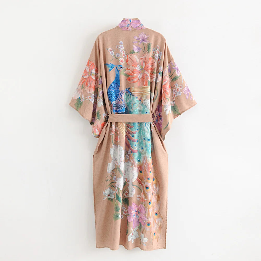 Happie Queens Vintage Peacock Floral Print Women Bohemian V Neck Batwing Sleeves Ladies Boho Kimono Robe Cover-ups